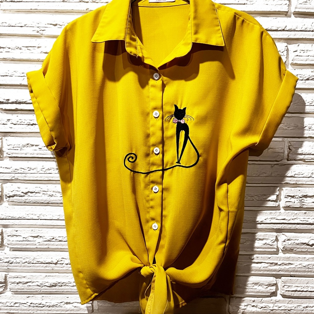 mustard tie front cat bowling shirt